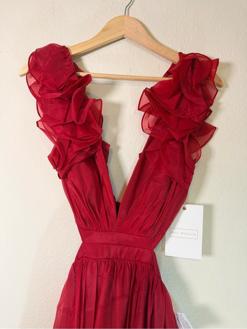 NWT Mac Duggal 49528 Wine Organza Ruffle Plunge Tie Back Maxi Gown Sz 2 - Picture 8 of 15
